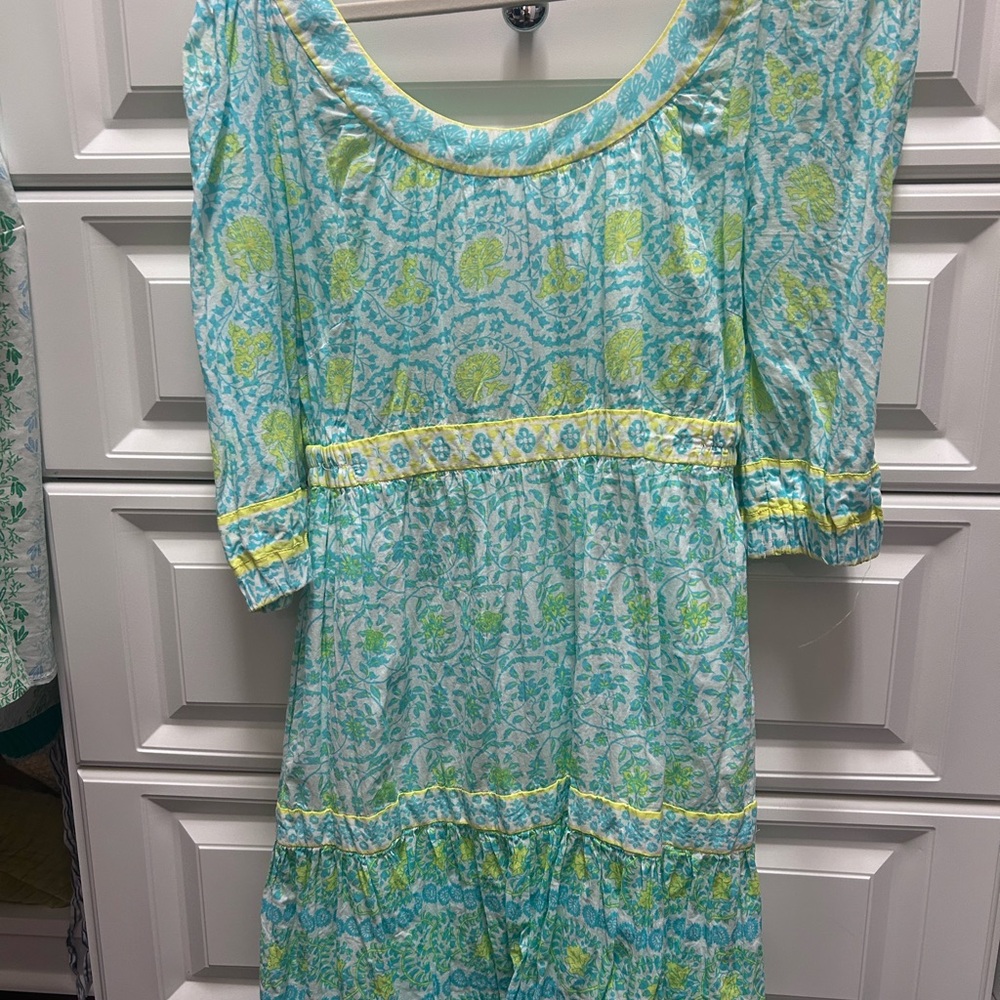Gretchen Scott Designs Aqua and Lime Floral Tiered Mini Dress
